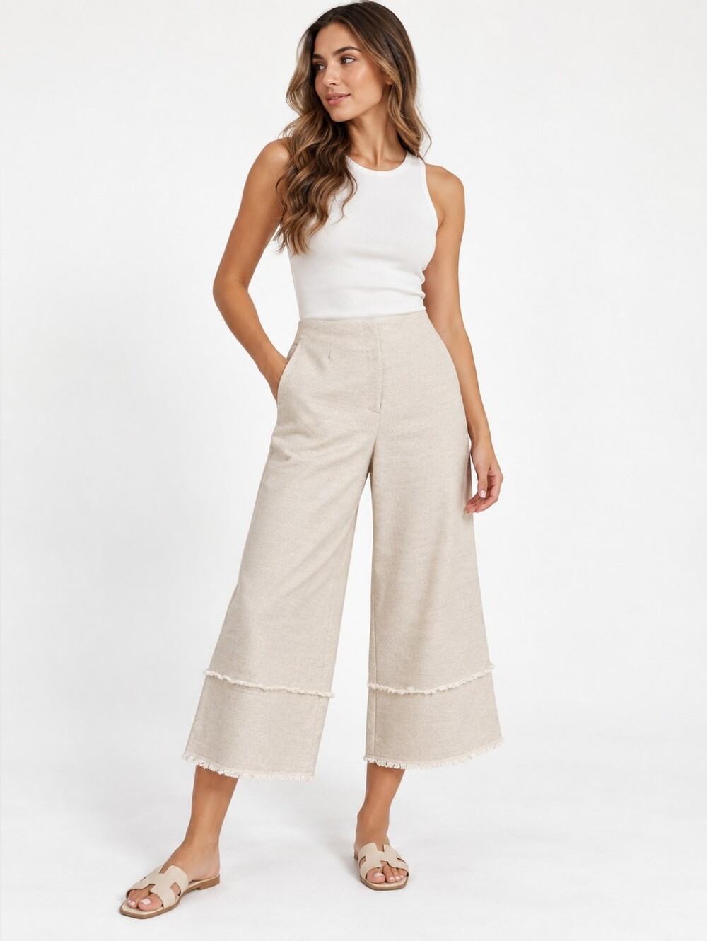 House of Harlow 1960 Wide-Leg Fringe-Hem Pants in Cream